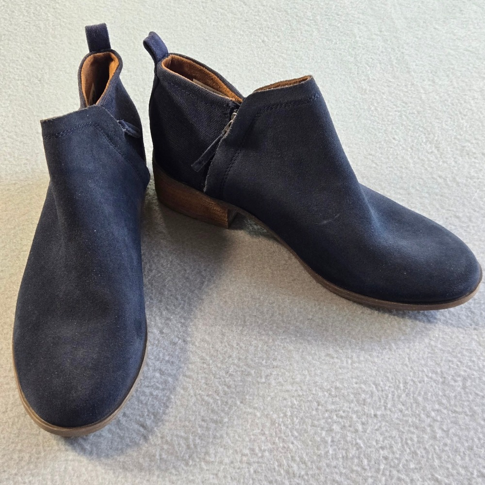 TOMS Marina Ankle Boots Womens 9 Navy Blue Suede Canvas Low Block Heel Zip
